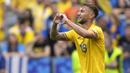Selebrasi striker Timnas Rumania, Denis Dragus setelah mencetak gol ketiga timnya ke gawang Ukraina pada laga Grup E Euro 2024 di Allianz Arena, Munchen, Jerman, Senin (17/6/2024). (AP Photo/Matthias Schrader)