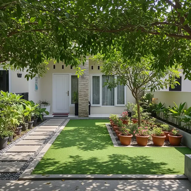 Desain Teras Ramah Balita dengan Kebun Mini Model Hamparan Rumput dan Kebun Mini