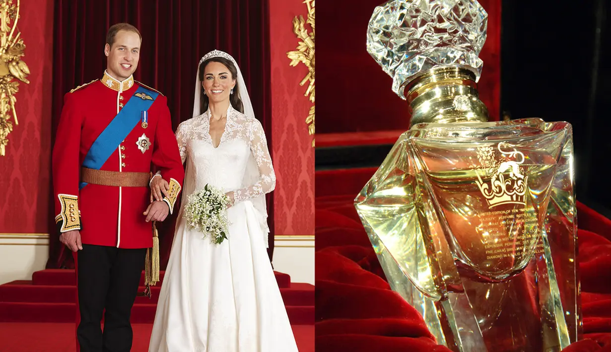 Pangeran William dan Kate Middleton yang menikah di tahun 2011 ini mendapat sepasang parfum Clive Christian No. 1 Imperial Majesty Edition senilai Rp. 4.4 M dengan inisial C dan W dalam sebuah kotak berlapis emas dan kain sutra di dalamnya (Istimewa)