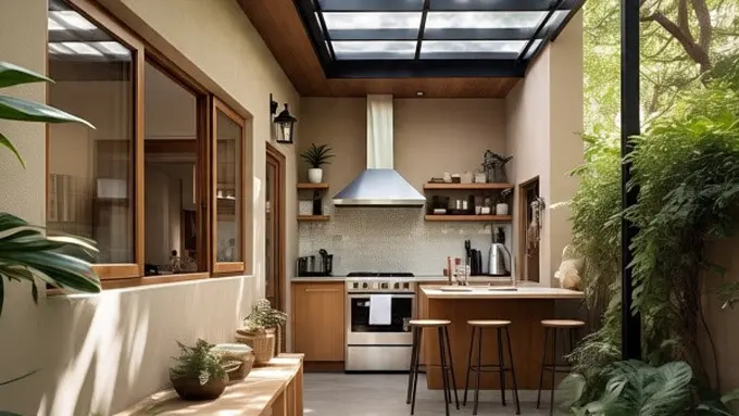 Desain Dapur Semi Outdoor dengan Atap Transparan (Sumber Gambar: Meta AI)