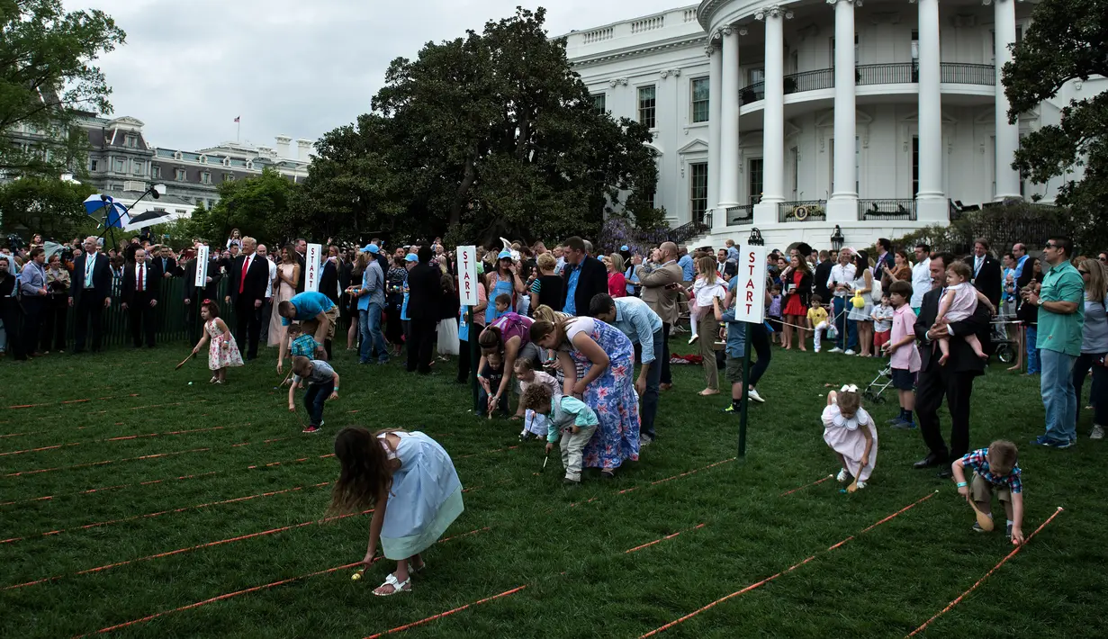 Presiden AS Donald Trump menjadi wasit dalam lomba menggelindingkan telur di halaman Gedung Putih, Washington, Senin (17/4). Lomba yang digelar rutin setiap tahunnya di Gedung Putih ini untuk merayakan hari raya Paskah. (Brendan Smialowski / AFP)