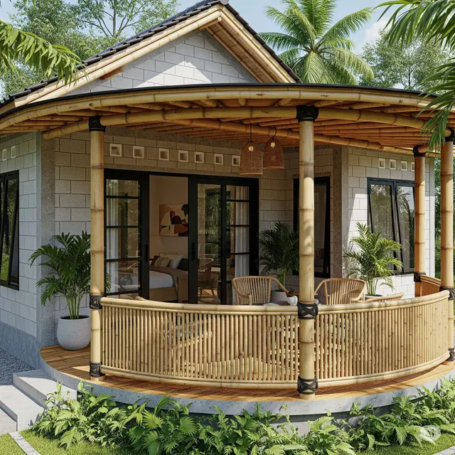 Rumah dengan Teras Luas dan Aksen Bambu