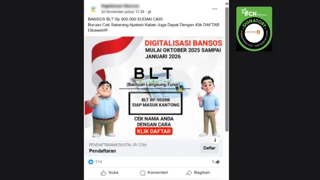 Tangkapan layar klaim link untuk mengecek bansos BLT Rp 900.000 yang beredar di Facebook.
