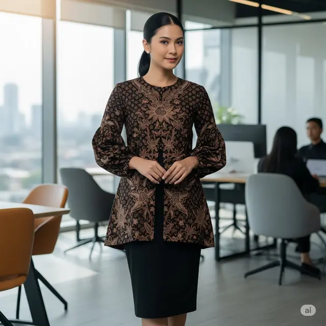 Long Top Motif Kembang Seno Hitam-Coklat