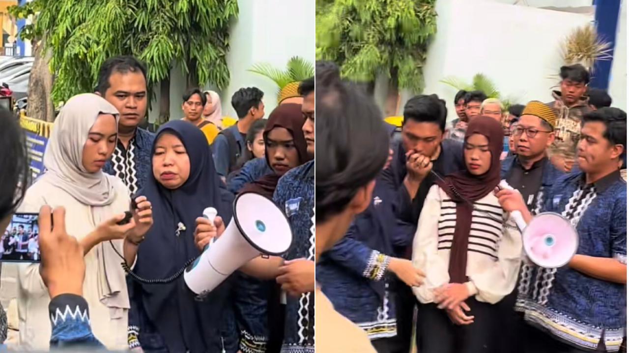 Mahasiswi UBL (jilbab putih dan coklat) meminta maaf di depan ratusan civitas akademik IIB Darmajaya usai viral di medsos TikTok. Foto : (Istimewa).