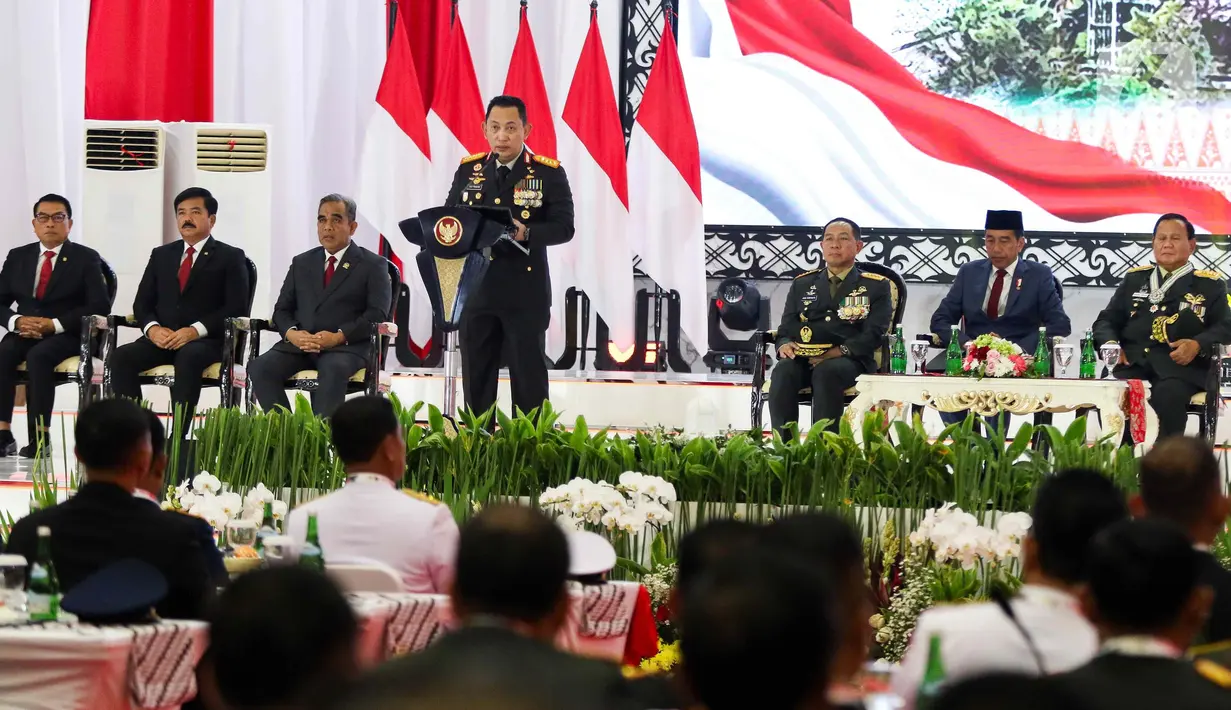 Kapolri Jenderal Listyo Sigit Prabowo saat Rapat Pimpinan (Rapim) TNI dan Polri Tahun 2024 di Mabes TNI, Jakarta, Rabu (28/2/2024). (Liputan6.com/Herman Zakharia)