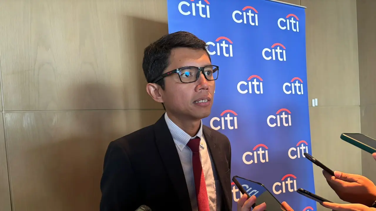 Ekonom Citi Indonesia Helmi Arman usai konferensi pers kinerja keuangan Citi Indonesia, di Jakarta, Rabu (22/5/2024). Ekonomi Citi ini berharap Bank Indonesia menahan suku bunga. (Tira/Liputan6.com)