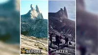 Foto yang memperlihatkan perubahan "Telinga Keledai" yang menjadi ikon Gunung Kinabalu, sebelum dan setelah gempa pada Jumat 5 Juni 2015.