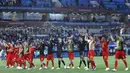 Para pemain Belgia merayakan kemenangan atas Inggris pada laga grup G Piala Dunia di Stadion Kaliningrad, Kaliningrad, Rabu (28/6/2018). Belgia menang 1-0 atas inggris. (AP/Hassan Ammar)