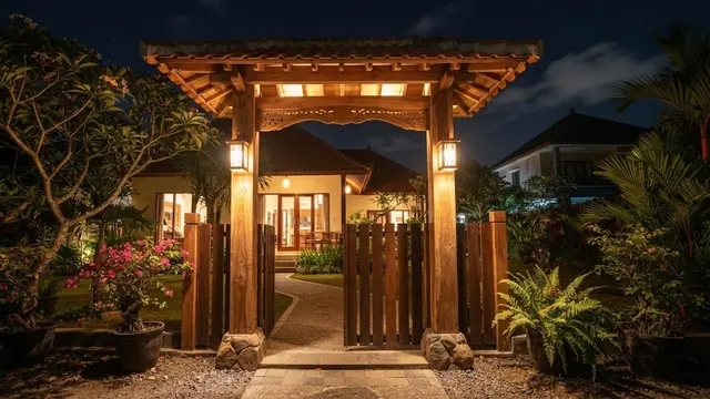 Model gapura rumah sederhana dengan sentuhan kayu yang elegan sehingga bikin hunian biasa jadi megah dengan desain lampu pada tiang