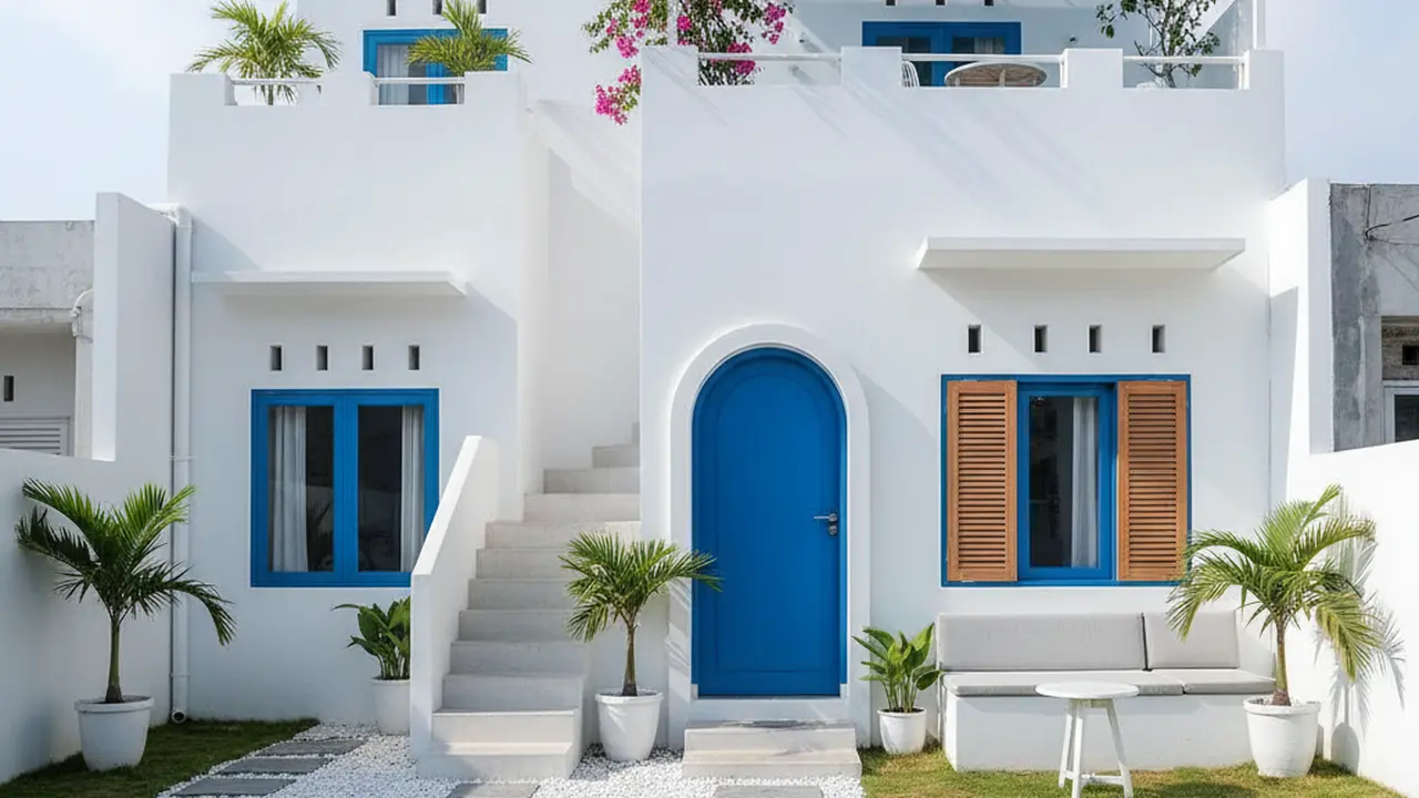 Desain Rumah Type 36 Ala Villa Santorini dengan Sentuhan Putih Biru