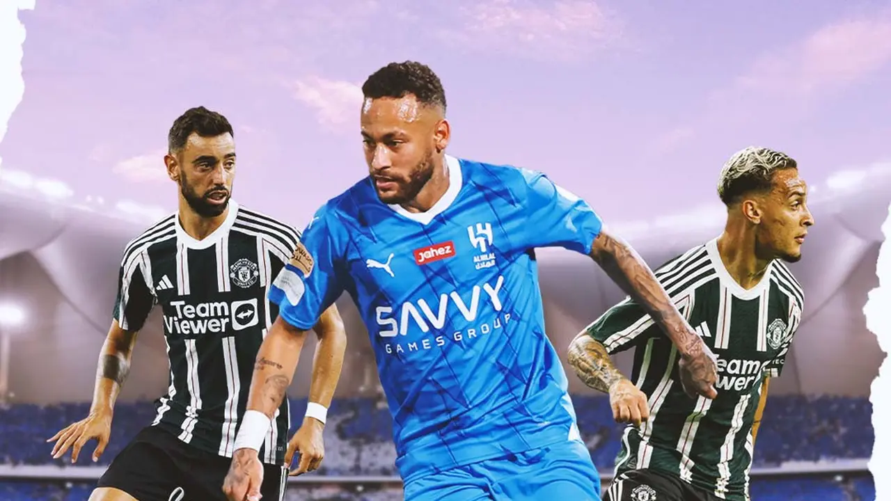 Ilustrasi - Neymar Jr Dikelilingi Bruno Fernandes dan Antony
