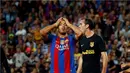 Ekspresi striker Barcelona, Luis Suarez, setelah gagal memanfaatkan peluang di depan gawang Atletico Madrid dalam laga pekan kelima La Liga Spanyol musim ini yang berlangsung di Camp Nou, Kamis (22/9/2016) dini hari WIB. (Reuters/Albert Gea)