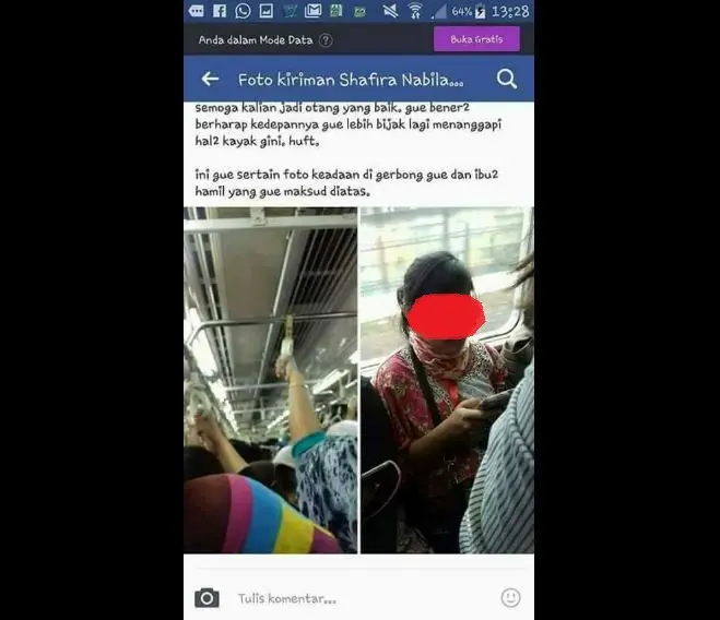 Shafira Nabila dan Curhatannya Soal Bangku untuk Ibu Hamil di KRL. (Facebook)