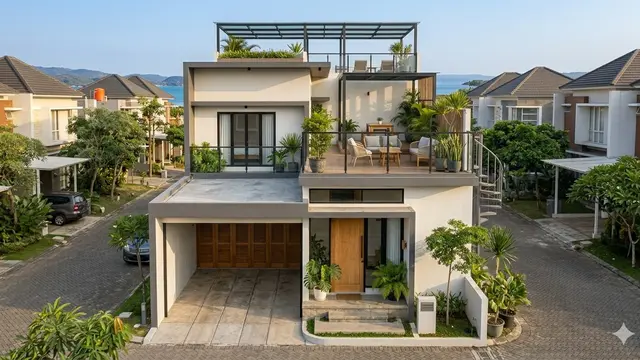 Rumah Kecil dengan Garasi dan Rooftop Modern (Foto: Gemini AI)
