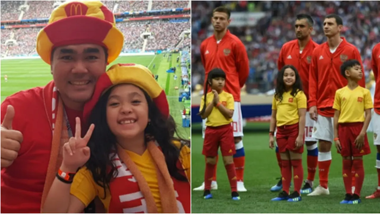 Bangga, seorang anak mewakili Indonesia sebagai player escort (pendamping sepak bola) dalam pertandingan pembuka Piala Dunia 2018.