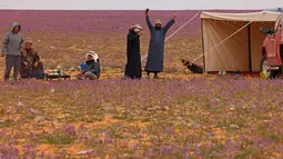 Orang-orang berkumpul di gurun pasir yang dipenuhi bunga lavender di kota Rafha, dekat perbatasan dengan Irak, pada 13 Februari 2023. Di seberang padang pasir, para pengunjung mendirikan tenda dan memasak makanan di atas api terbuka. (Fayez Nureldine / AFP)