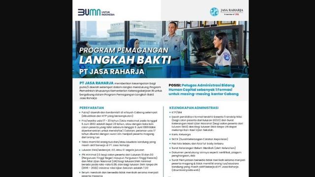 PT Jasa Raharja (Persero) membuka lowongan pekerjaan melalui jalur Langkah Bakti Jasa Raharja atau LBJR.