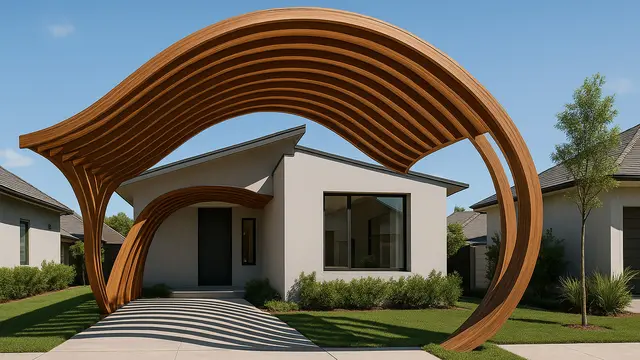 Desain Rumah Minimalis dengan Kanopi Kayu/Ilustrasi gambar oleh AI