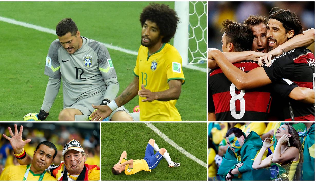 Berikut ini momen-momen saat tuan rumah Brasil hancur lebur oleh pasukan Der Panzer Jerman di semifinal Piala Dunia 2014. (Foto Kolase AFP)