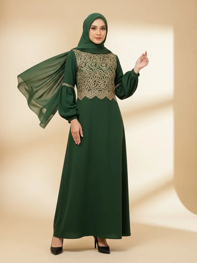Model Gamis Brokat Dada Simple tapi Mewah