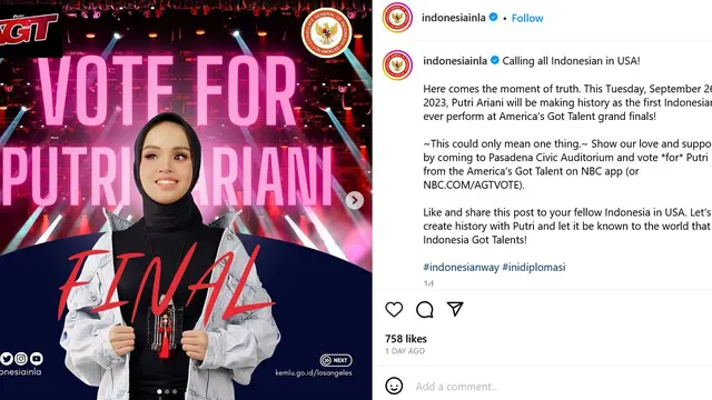 Unggahan akun Instagram Konsulat RI di Los Angeles, Amerika Serikat. (Instagram/ indonesiainla)