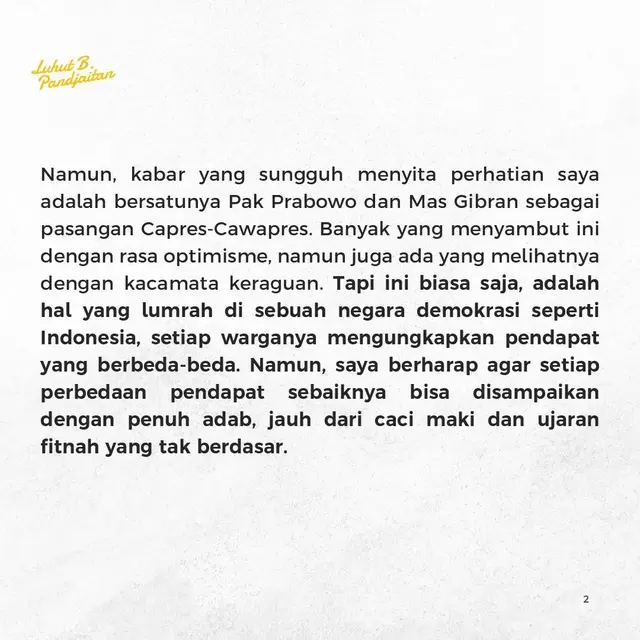 Unggahan Luhut Binsar Pandjaitan. (Foto: Dok. Instagram @luhut.pandjaitan)