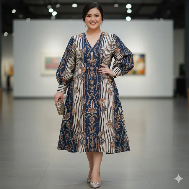 Model Dress Batik Lengan Bishop untuk Plus Size