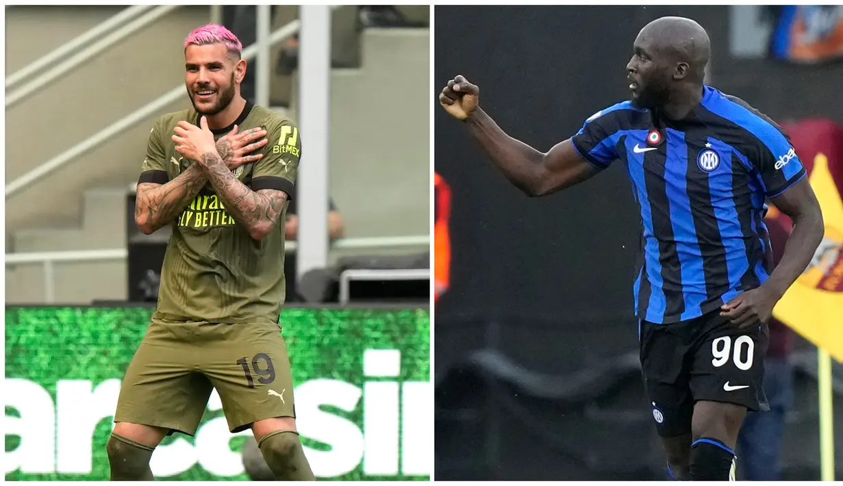 Foto kolase saat pemain AC Milan, Theo Hernandez (kiri), merayakan golnya ke gawang Lazio dan selebrasi pemain Inter Milan, Romelu Lukaku (kanan), setelah menjebol gawang AS Roma dalam pertandingan lanjutan pekan ke-34 Serie A Liga Italia 2022/2023, Sabtu (6/5/2023) malam WIB. (AP Photo/Luca Bruno, Andrew Medichini)