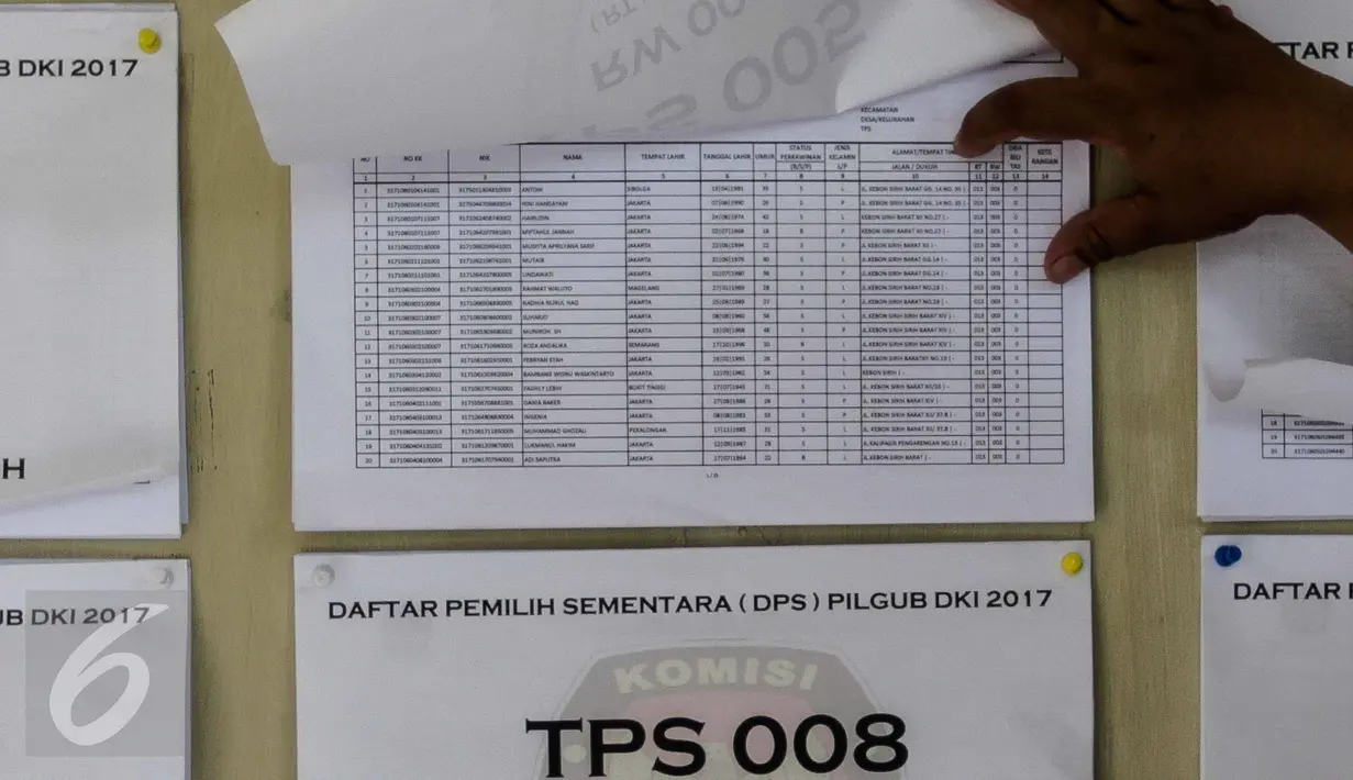 Daftar Pemilih Sementara (DPS) Pilgub DKI Jakarta Tahun 2017, Jakarta, Rabu (16/11). KPU DKI Jakarta menghimbau bagi pemilih yang namanya belum masuk ke DPS bisa mendaftar ke petugas KPU di kelurahan hingga 19 November 2016. (Liputan6.com/Faizal Fanani)