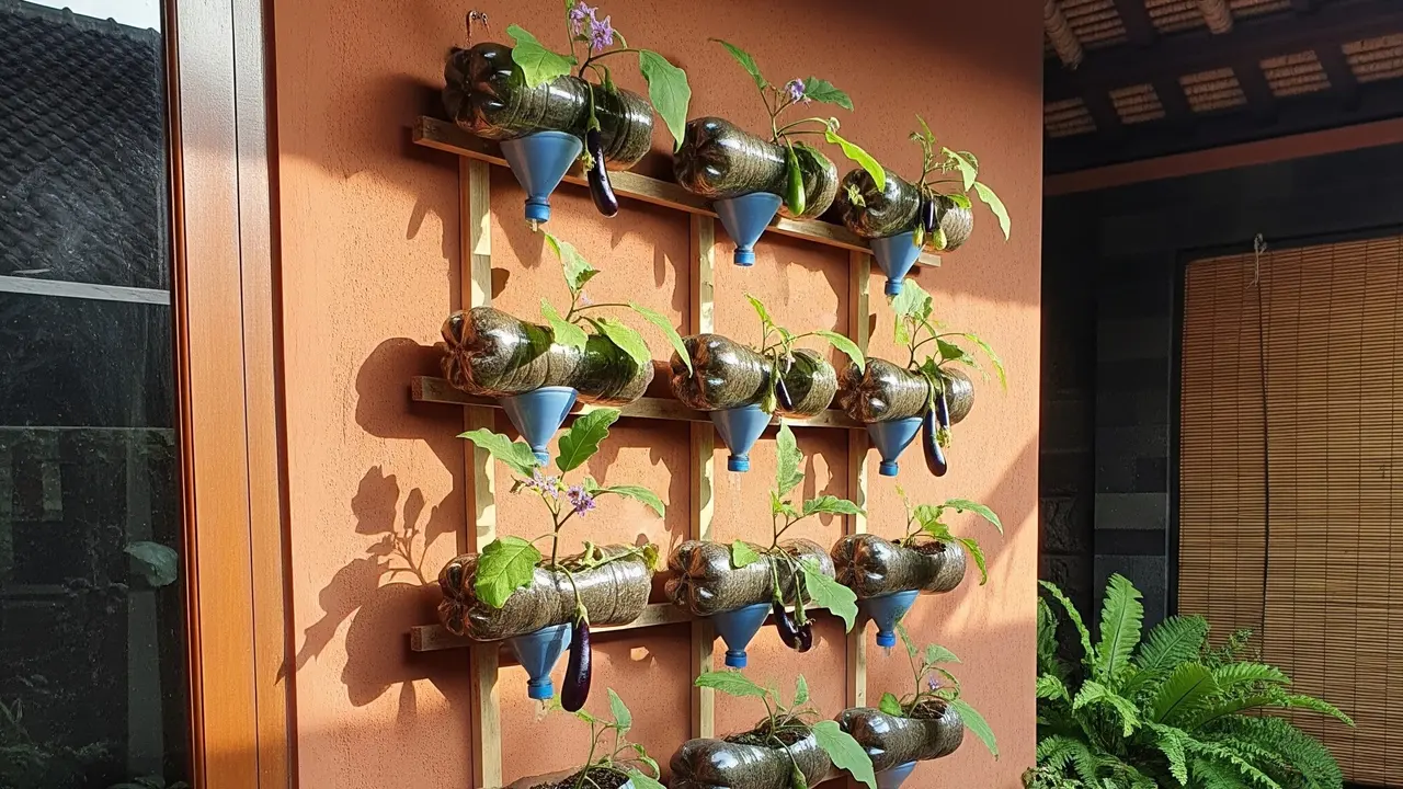 Ide Kebun Terong Vertikal dari Botol Plastik di Teras Rumah