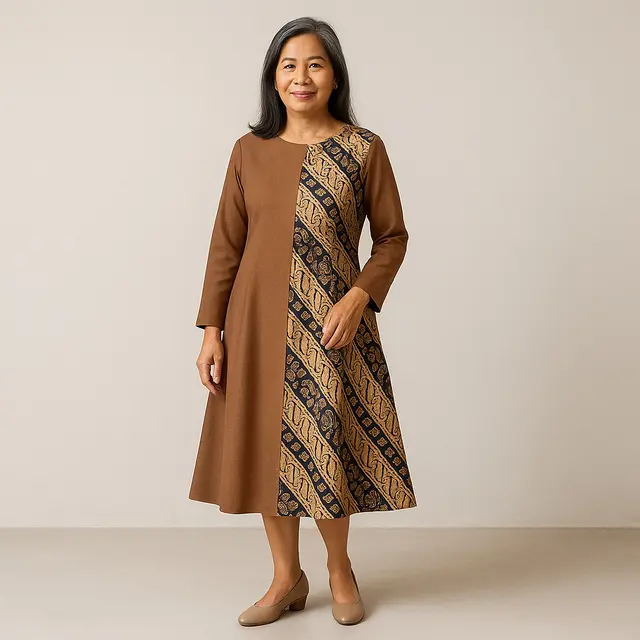 Model Dress Batik Kombinasi Polos Lengan Panjang untuk Ibu-ibu 50 Tahun/Ilustrasi gambar oleh AI