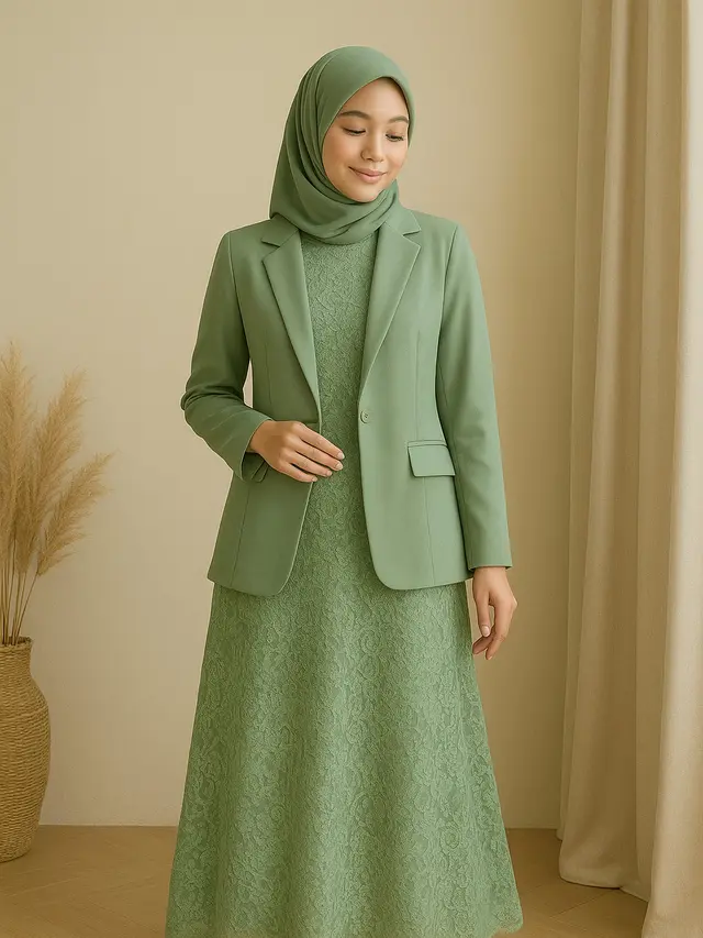 Gamis Brokat Islami Warna Sage dengan Outer Modern