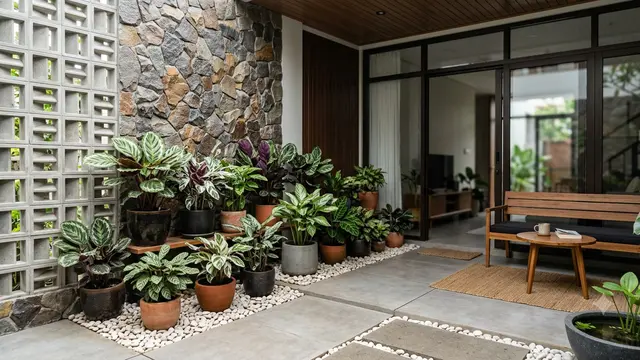 Teras Sejuk dengan Kombinasi Calathea dan Batu Alam