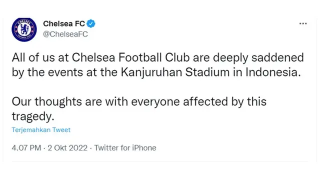 10 Ucapan Duka dari Klub Bola Ternama, Tragedi Kanjuruhan Jadi Perhatian Dunia