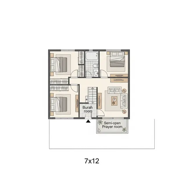 Desain Rumah 7x12 dengan 2 Kamar Tidur dan Mushola Semi-Terbuka