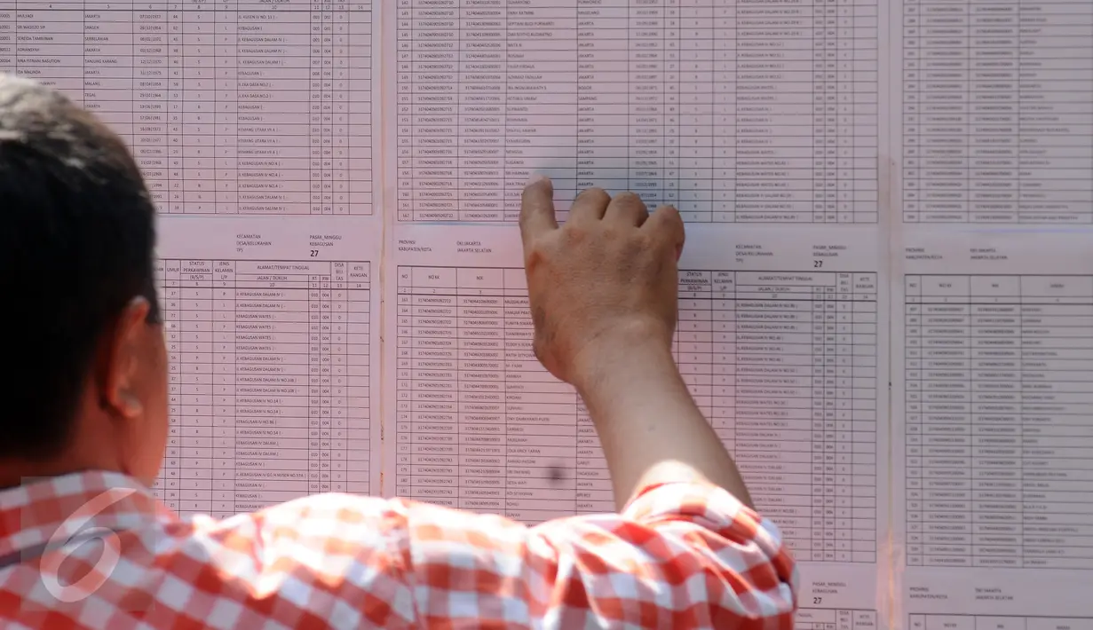 Warga melihat Daftar Pemilih Tetap Pilkada DKI Jakarta putaran 2 di TPS 027 Kebagusan, Jakarta, Rabu (19/4). (Liputan6.com/Helmi Fithriansyah)