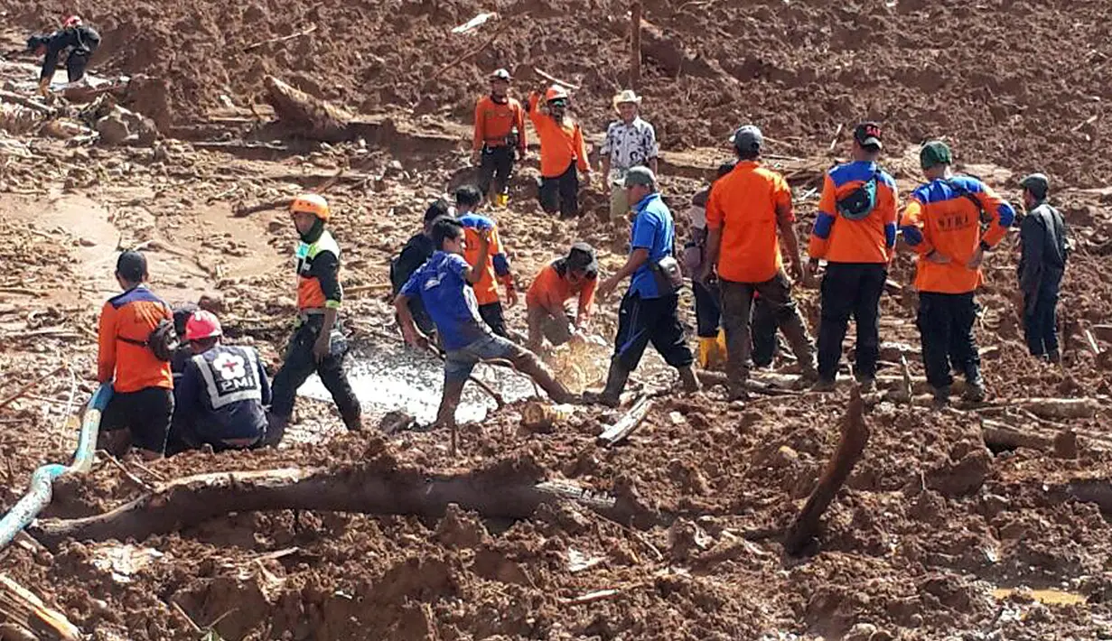 Tim SAR gabungan melakukan pencarian korban longsor di Desa Pasir Panjang, Salem, Brebes, Jawa Tengah, Jumat (23/2). Selain menewaskan 5 warga, bencana longsor ini juga mengakibatkan belasan orang dinyatakan hilang. (AP Photo)
