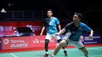 Aksi ganda putra Indonesia, Mohammad Ahsan/Hendra Setiawan, pada perempat final Malaysia Masters 2020, Jumat (10/1/2020). (PBSI)