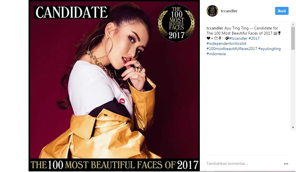 Ayu Ting Ting menjadi kandidat 100 Most Beautiful Faces of 2017 (Foto: Instagram)
