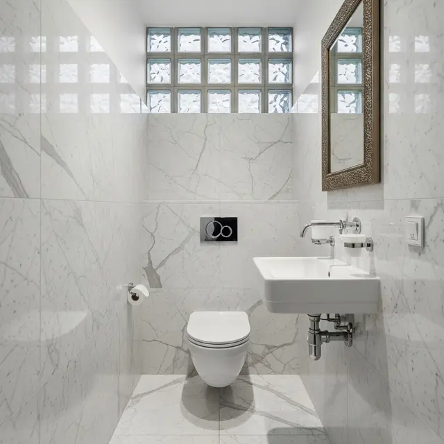 Desain Kamar Mandi Kecil Lebar 1 Meter dengan Roster dan Batu Alam (Image by Gemini AI)