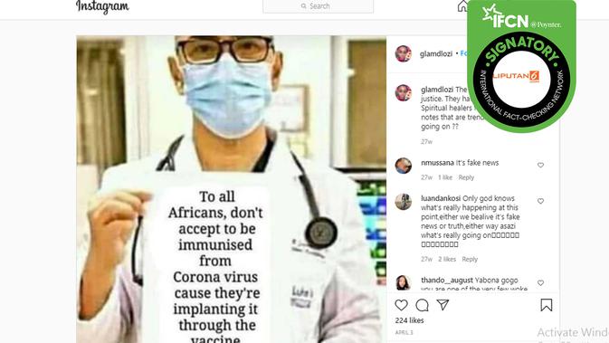 Hoaks dokter larang orang Afrika minta divaksin virus corona covid-19. (Instagram.Glamdlozi)