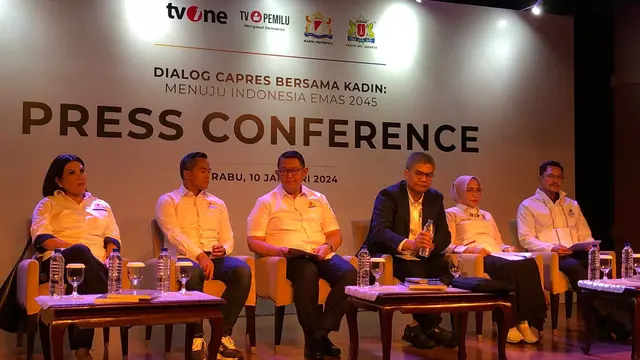 Konferensi Pers Dialog Capres Bersama Kadin: Menuju Indonesia Emas 2045, di Djakarta Teater – Lounge Area, Jakarta Pusat, Rabu (10/1/2024). (Tira/Liputan6.com)