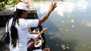 Sejumlah umat Hindu menggunakan perahu untuk bisa merayakan Kuningan di sebuah pura di Pulau Serangan, Denpasar, Bali, Sabtu (20/2). Kuningan merupakan hari terakhir dari perayaan Galungan. (AFP PHOTO/SONNY Tumbelaka)