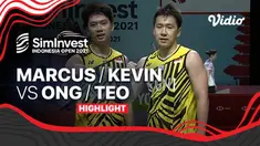 Berita video highlights kemenangan Marcus Gideon / Kevin Sanjaya atas ganda Malaysia, Ong Yew Sin / Teo Ee Yi, pada perempat final Indonesia Open 2021, Jumat (26/11/2021).