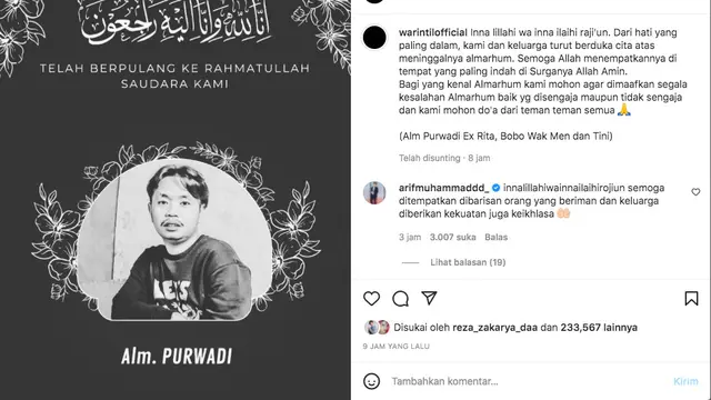 Kabar Duka, Purwadi Pemeran Rita di Sketsa YouTube Warintil Official Meninggal dunia . (instagram.com/warintilofficial)