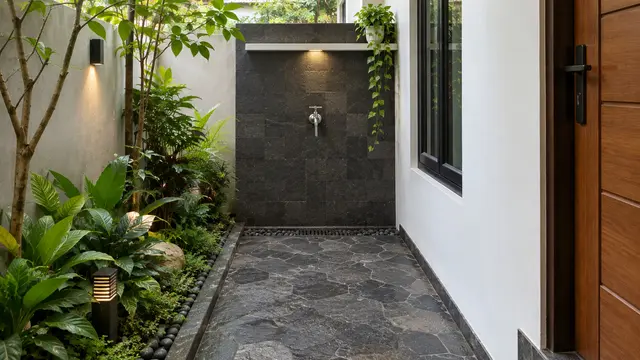 Desain Tempat Wudhu di Samping Rumah dengan Lantai Batu Bertekstur
