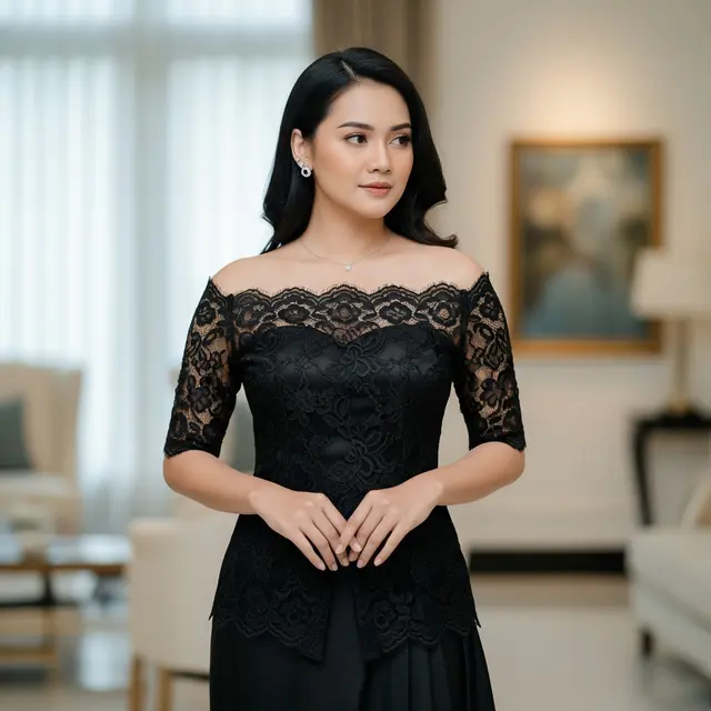 9 Model Atasan Brokat Warna Hitam Elegan, Gaya Klasik Modern