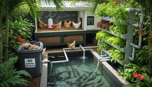 Sistem Integrasi Lengkap – Kebun + Ayam + Lele + Maggot + Kompos. Foto: Gemini