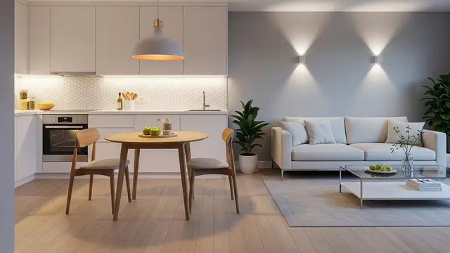 Desain Ruang Keluarga dan Ruang Dapur Tanpa Sekat di Rumah Kecil (AI)